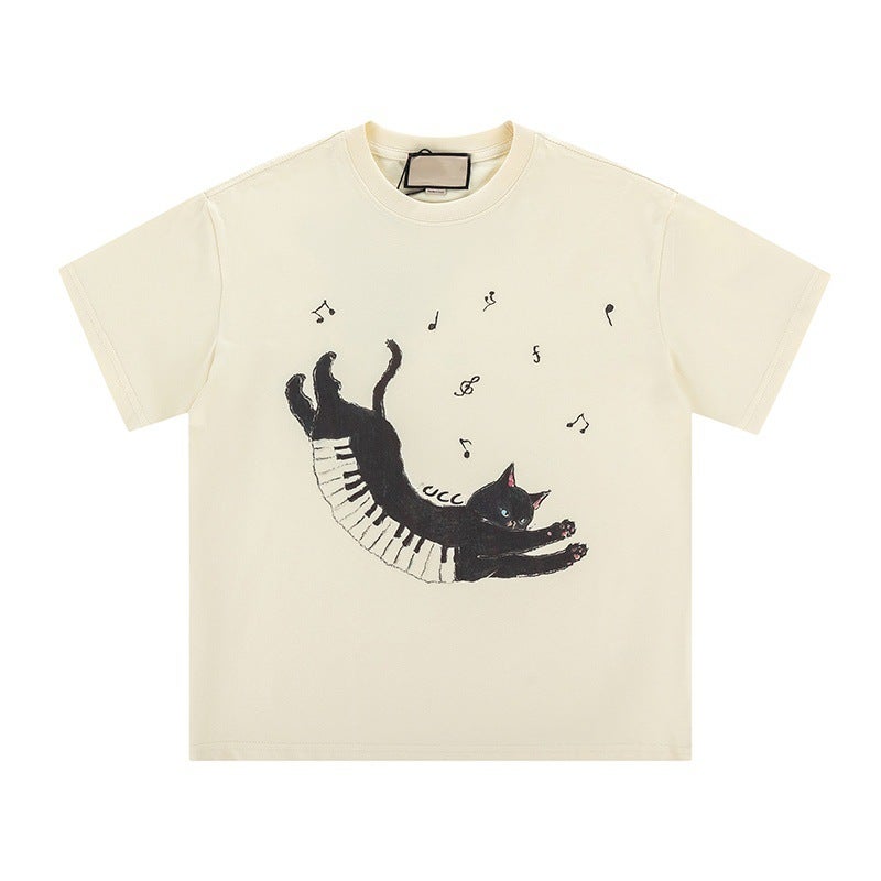 Cat With Backpack Cute Pattern Summer Casual New Short-Sleeved Top Street Style Cartoon Ins Round Neck T-Shirt - Image 1