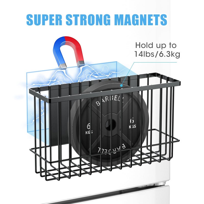 NiHome Magnetic Metal Basket Organizers, Dryer Ball Holder, 2PCS Medium & Small, Versatile Storage for Kitchen & Office Holds Up to 14 lbs, Easy Attach to Refrigerator or Any Magnetic Surface(Black) - Image 2