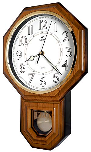 JUSTIME Traditional Schoolhouse Luminious Arabic Regulator Wall Clock, Chiming Wall Clocks with Pendulum & Westminster Chime Hourly, Schoolhouse Wall Decor Battery Operated (Light Wood Grain) - Image 2