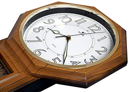 JUSTIME Traditional Schoolhouse Luminious Arabic Regulator Wall Clock, Chiming Wall Clocks with Pendulum & Westminster Chime Hourly, Schoolhouse Wall Decor Battery Operated (Light Wood Grain) - Image 5