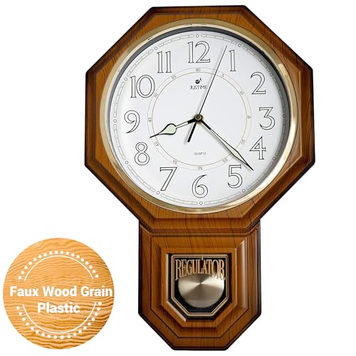 JUSTIME Traditional Schoolhouse Luminious Arabic Regulator Wall Clock, Chiming Wall Clocks with Pendulum & Westminster Chime Hourly, Schoolhouse Wall Decor Battery Operated (Light Wood Grain) - Image 1