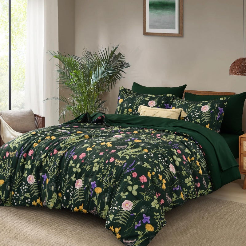 Yiran Dark Green California King Comforter Set  7 Piece Summer Floral Comforter Bedding Set  Bed In A Bag With Flowers Pattern  Soft Microfiber Complete Bedding Set With Sheets For All Season - Image 2