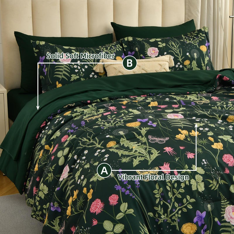 Yiran Dark Green California King Comforter Set  7 Piece Summer Floral Comforter Bedding Set  Bed In A Bag With Flowers Pattern  Soft Microfiber Complete Bedding Set With Sheets For All Season - Image 4