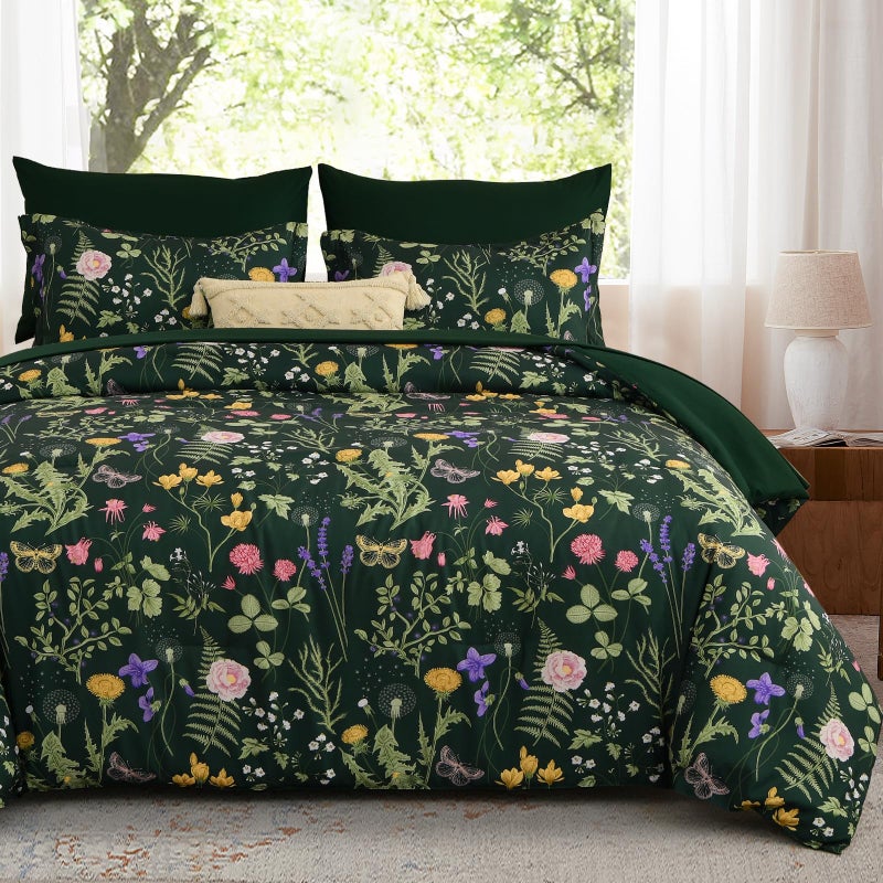 Yiran Dark Green California King Comforter Set  7 Piece Summer Floral Comforter Bedding Set  Bed In A Bag With Flowers Pattern  Soft Microfiber Complete Bedding Set With Sheets For All Season - Image 1