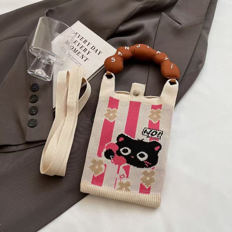 Super Cute Color Contrast Hand Bag Student Korean Mini Knitted Mobile Phone Bag Checkerboard Wave Crossbody Bag Small Bag - Image 3