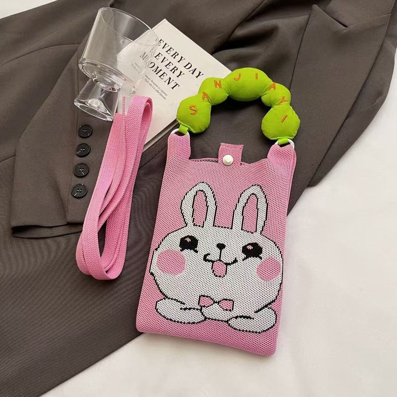 Super Cute Color Contrast Hand Bag Student Korean Mini Knitted Mobile Phone Bag Checkerboard Wave Crossbody Bag Small Bag - Image 5