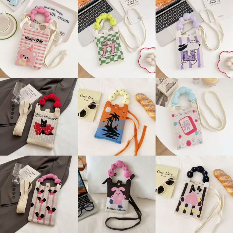 Super Cute Color Contrast Hand Bag Student Korean Mini Knitted Mobile Phone Bag Checkerboard Wave Crossbody Bag Small Bag - Image 2