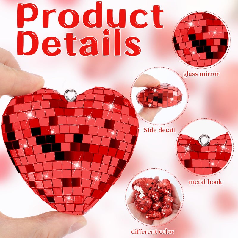 YLOLUL 36 Pcs Valentine's Day Decorations Heart Shaped Mirror Disco Balls Ornaments Glitter Hanging Galentines Day Tree Ornaments for Valentine's Day Wedding Anniversary Party Supplies (36, Red, Multiple) - Image 3