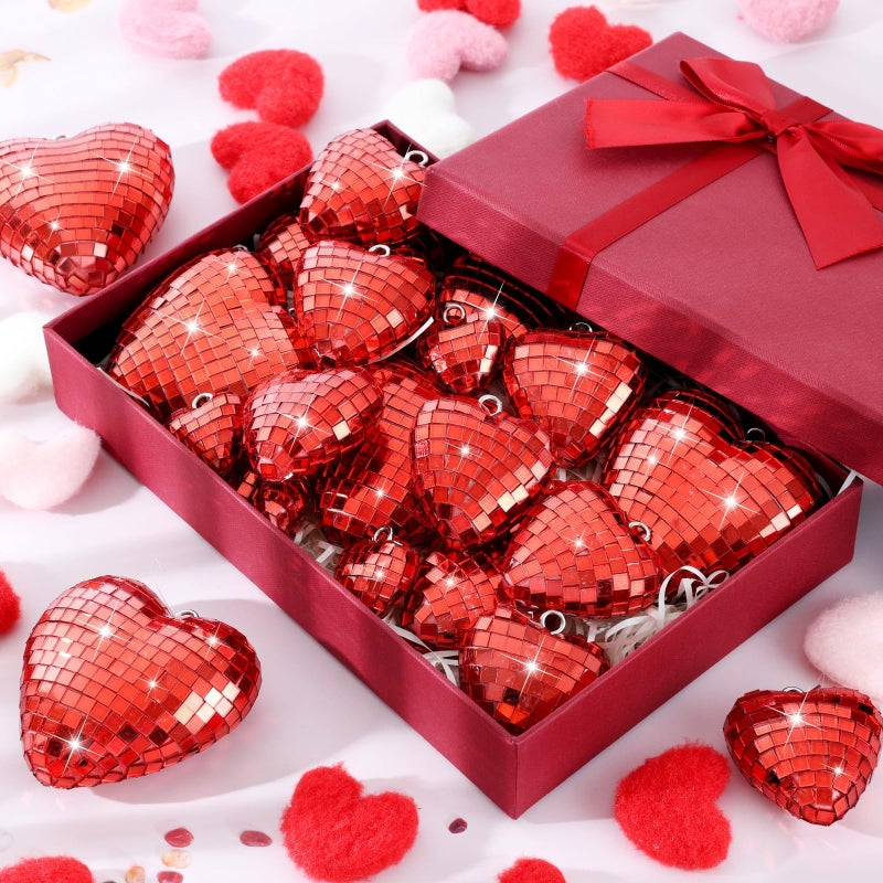 YLOLUL 36 Pcs Valentine's Day Decorations Heart Shaped Mirror Disco Balls Ornaments Glitter Hanging Galentines Day Tree Ornaments for Valentine's Day Wedding Anniversary Party Supplies (36, Red, Multiple) - Image 2