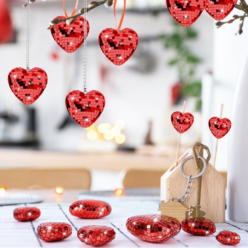 YLOLUL 36 Pcs Valentine's Day Decorations Heart Shaped Mirror Disco Balls Ornaments Glitter Hanging Galentines Day Tree Ornaments for Valentine's Day Wedding Anniversary Party Supplies (36, Red, Multiple) - Image 5