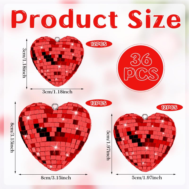 YLOLUL 36 Pcs Valentine's Day Decorations Heart Shaped Mirror Disco Balls Ornaments Glitter Hanging Galentines Day Tree Ornaments for Valentine's Day Wedding Anniversary Party Supplies (36, Red, Multiple) - Image 4
