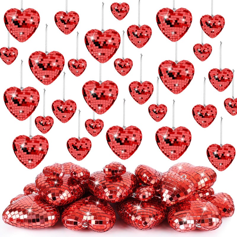 YLOLUL 36 Pcs Valentine's Day Decorations Heart Shaped Mirror Disco Balls Ornaments Glitter Hanging Galentines Day Tree Ornaments for Valentine's Day Wedding Anniversary Party Supplies (36, Red, Multiple) - Image 1