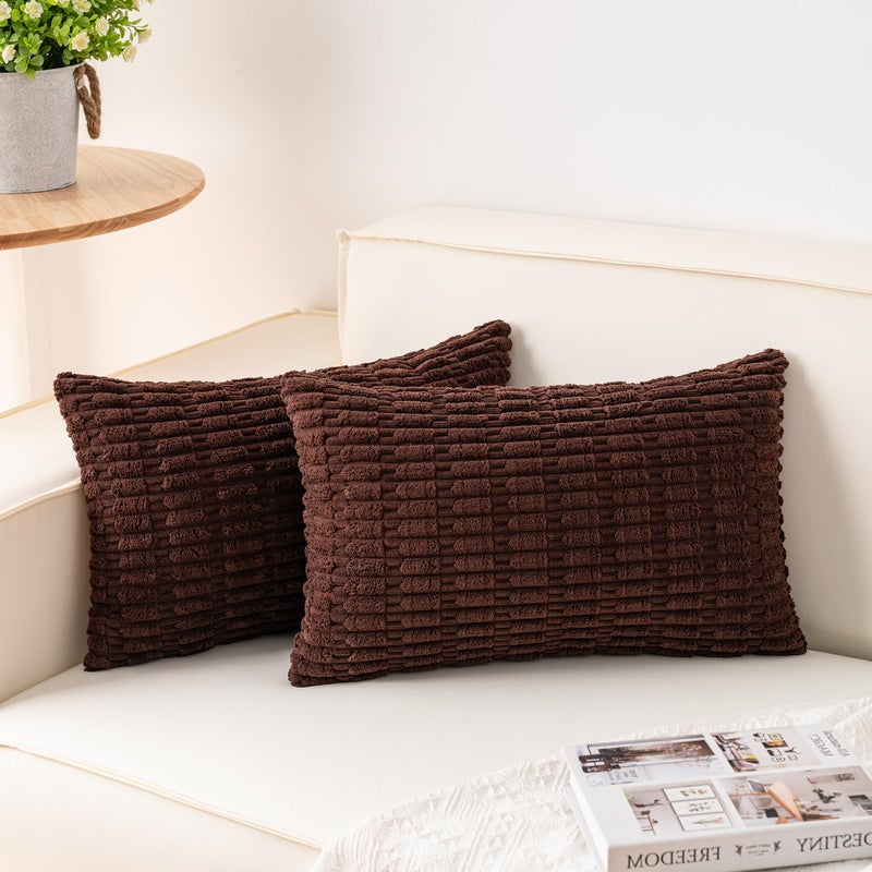 Aegero Pack of 2 Corduroy Decorative Throw Pillow Covers 12x20 InchSoft Boho Striped Pillow Covers Modern Farmhouse Home Decor for Sofa Living Room Couch Bed(Dark Brown) - Image 1