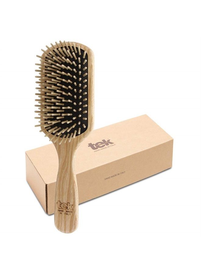 TEK Large Rectangular Ash Wood Brush Handmade in Italy, with Short Tooth, for Medium-Long, Long and Straight Hair - 22 x 6.5 cm - Image 1