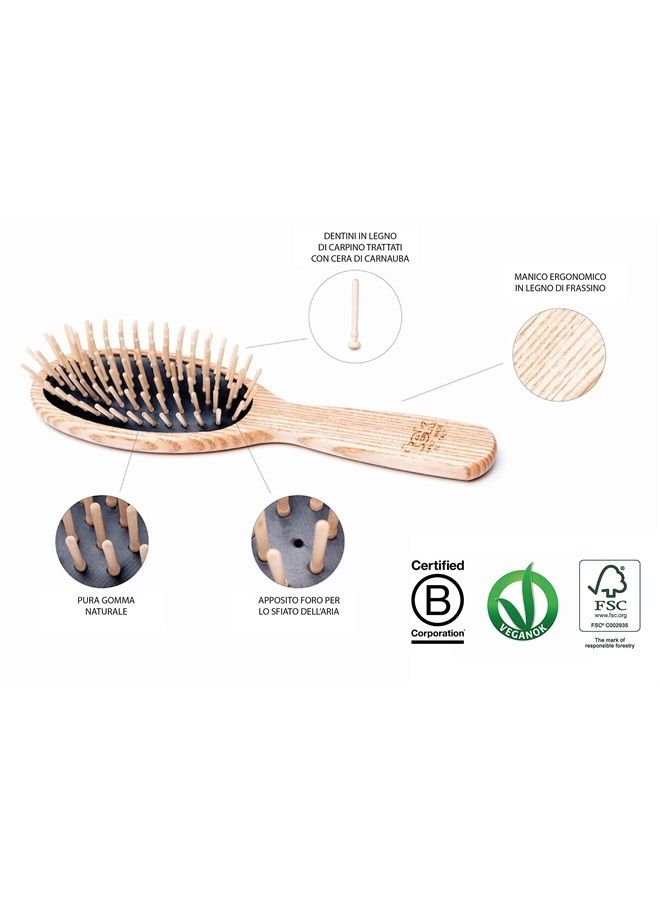 TEK Large Rectangular Ash Wood Brush Handmade in Italy, with Short Tooth, for Medium-Long, Long and Straight Hair - 22 x 6.5 cm - Image 2