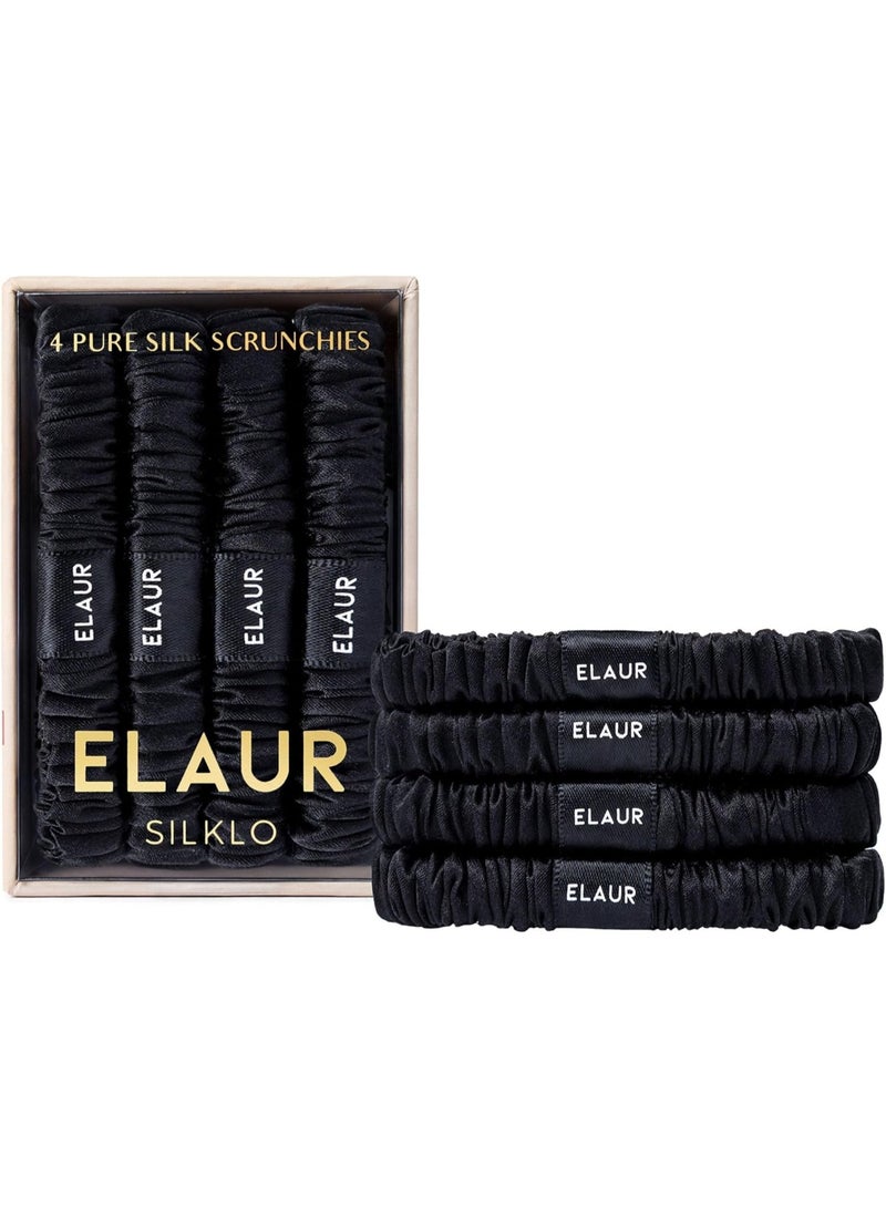 Elaur Silk Scrunchies, 100% Pure Mulberry Hair Ties 22 Momme Anti Hair Loss No Breakage Anti Crease Anti Frizz Hair Accessories Black Elastic Hair Band for Women Girls Hair Care 4Pcs (Black) - Image 2
