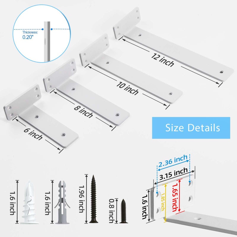 WEKIS Shelf Brackets, Heavy Duty Floating Shelf Brackets 8-Inch Long, 6-Pack Brackets for Shelves, Matte White L Hidden Metal Wall Shelf Support Shelving Brackets, 1/5-Inch Thick 160 lb. Load Capacity - Image 2
