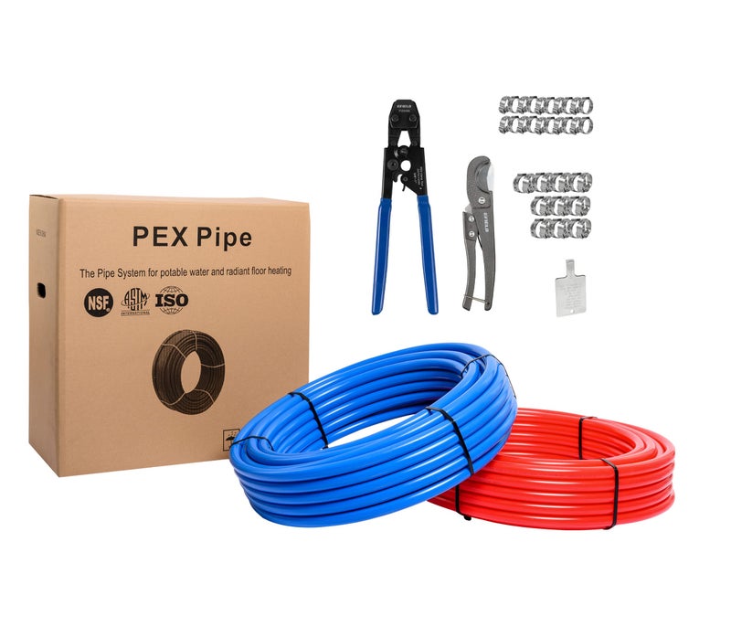 EFIELD 1/2 inch 2x75 ft Pex-b Pipe/Tool Kit- Pex-b Pipe/Tubing Blue & Red 150ft, Crimping Tool, Pipe Cutter, 30 Pieces Stainless Steel Clamps,(AB-2-75-KIT) - Image 1