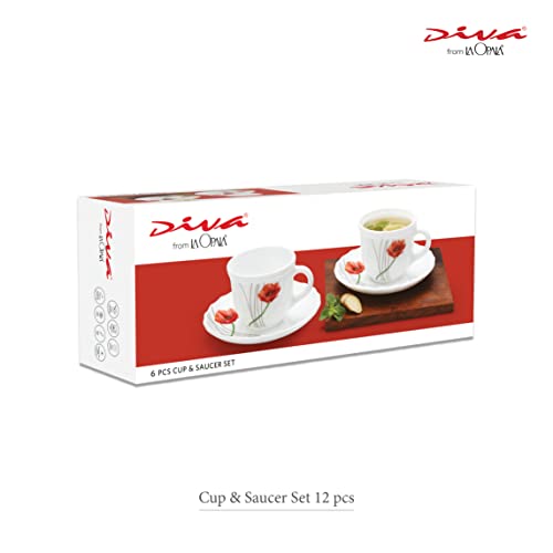 La Opala Diva, Opal Glass Crockery | Cup & Saucer Tulip Regular, Set of 12 | Misty Drops, 160 ml | for Tea & Coffee | Microwave Safe | 100% Vegetarian | Extra Strong | Super Light | Super White - Image 4