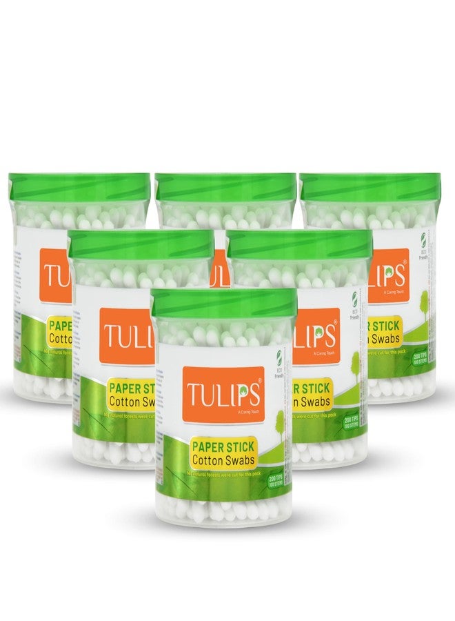 TULIPS Cotton Ear Buds/Swabs (pack of 6) With White PAPER Sticks, 100/200 tips in a Jar - Image 1
