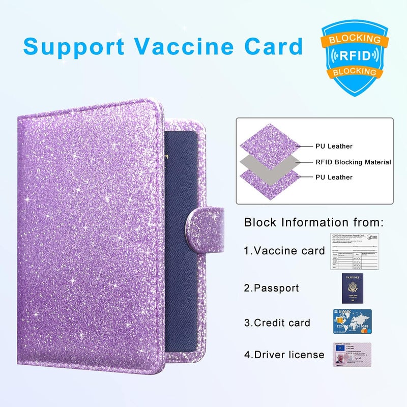 ACdream Unisex Faux Leather Passport and Vaccine Card Holder, Glitter Purple, RFID Blocking, Protects Valuable Information - Image 3