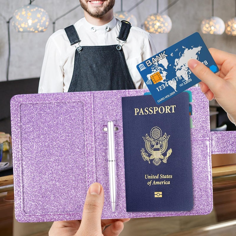 ACdream Unisex Faux Leather Passport and Vaccine Card Holder, Glitter Purple, RFID Blocking, Protects Valuable Information - Image 2