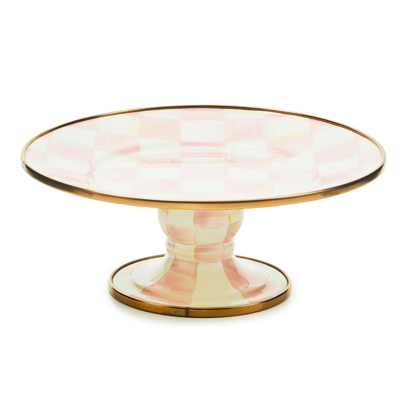 mackenzie childs MACKENZIE-CHILDS Enamel Pedestal Platter  Round Cake Stand  Mini  Pink-and-White Rosy Check - Image 1