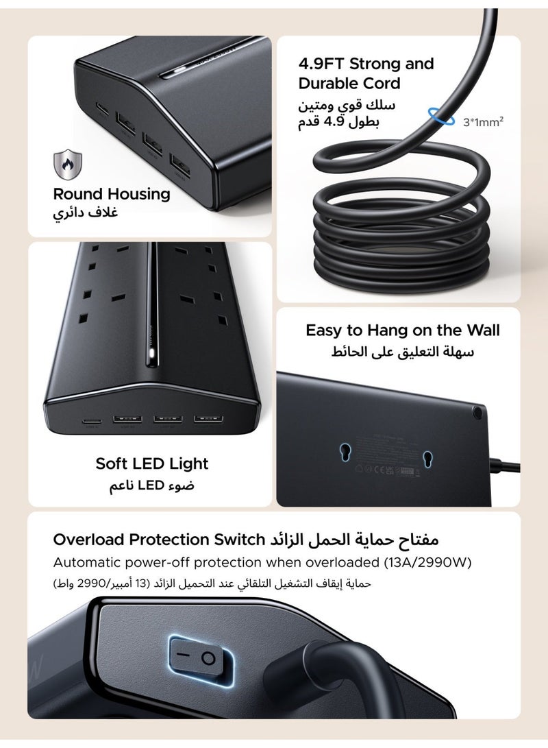 Ugreen 10 in 1 15° Extension board 1.5m cable with 6 AC & 4 USB (3A1C) Ports, 3250W/13A Heavy Duty Power strip with 20W USB-C PD & 3 USB-A Ports, Multi-Protocol Fast Charge (PD3.0/QC3.0/FCP/AFC), Overload & Short-Circuit Protection, Home & Office Power Hub - Image 5