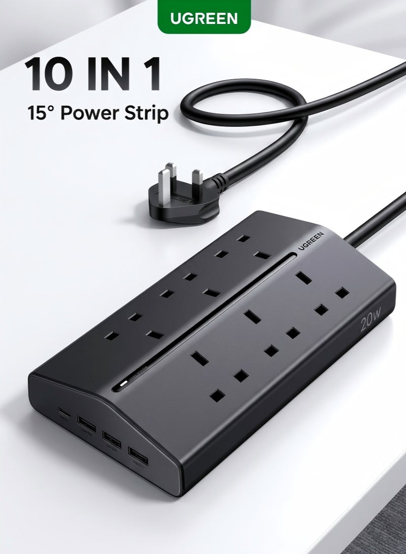 Ugreen 10 in 1 15° Extension board 1.5m cable with 6 AC & 4 USB (3A1C) Ports, 3250W/13A Heavy Duty Power strip with 20W USB-C PD & 3 USB-A Ports, Multi-Protocol Fast Charge (PD3.0/QC3.0/FCP/AFC), Overload & Short-Circuit Protection, Home & Office Power Hub - Image 1