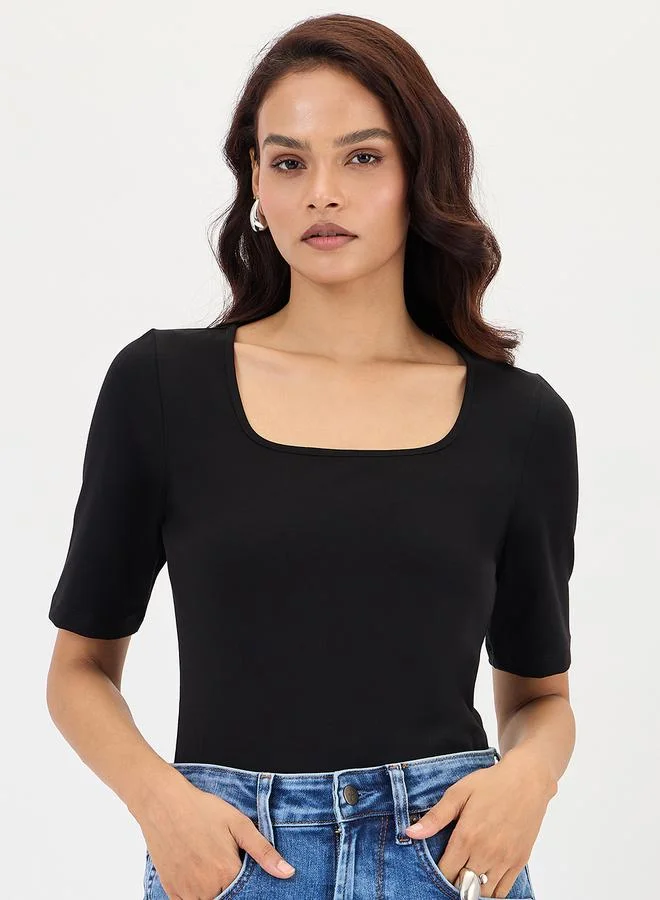 Femmella Black Cotton Short Sleeve Knit Bodysuit