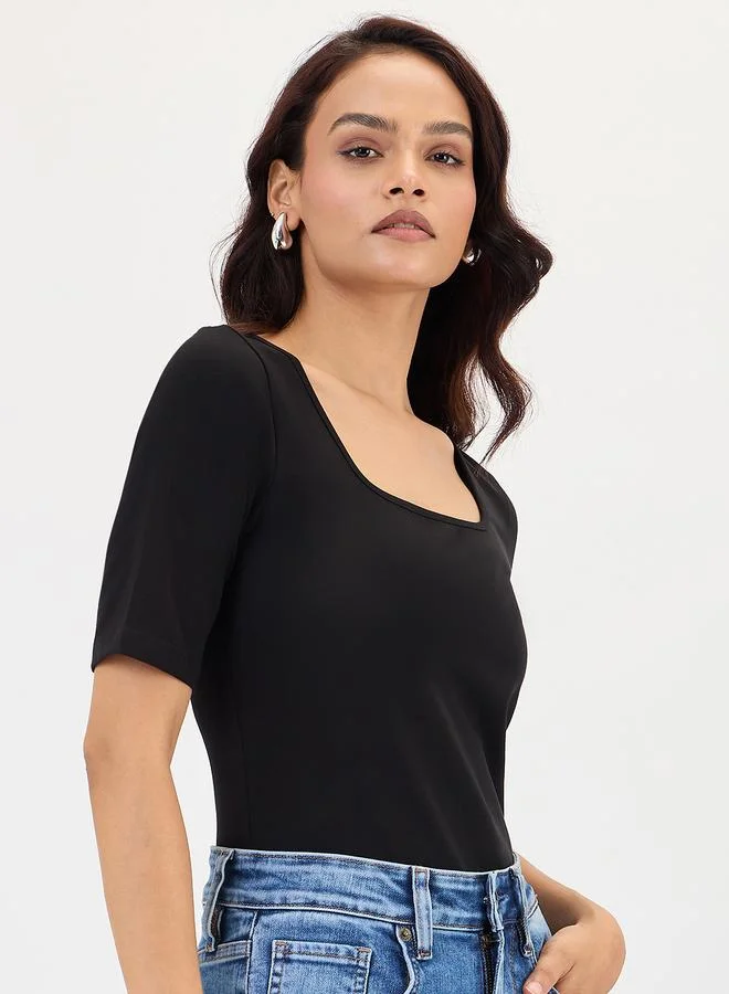 Femmella Black Cotton Short Sleeve Knit Bodysuit