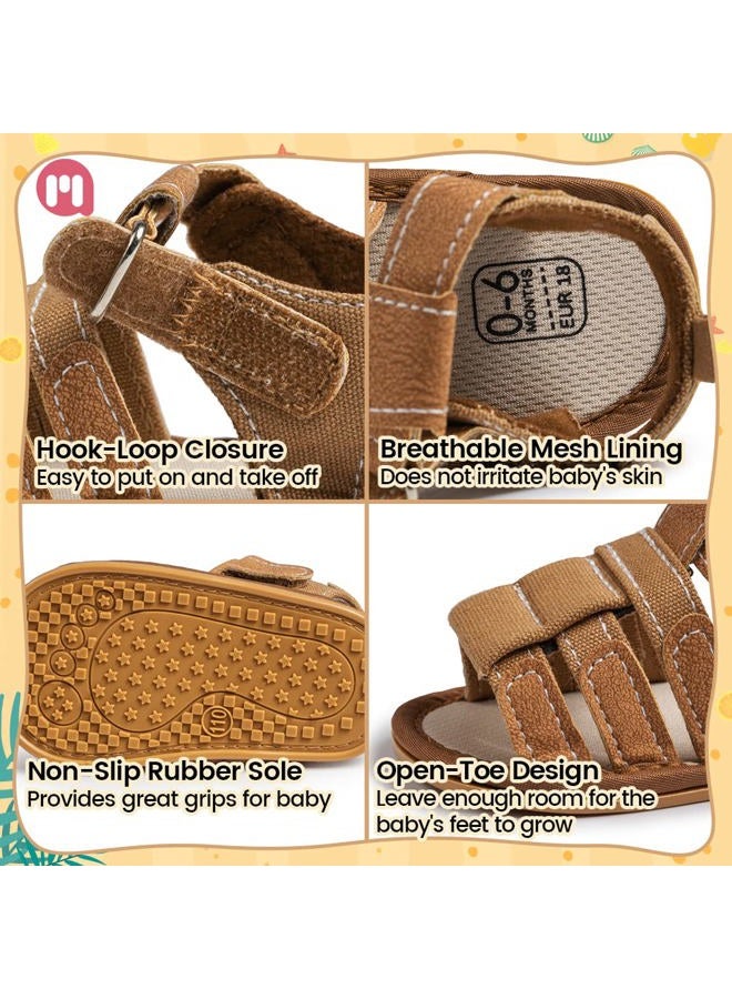 Meckior Baby Infant Boy Girl Sandals Newborn Non-Slip Soft Rubber Sole Sandals for Baby Boys Open-Toe Outdoor Casual Summer First Walkers Shoes, B01/Brown With Rubber Sole, 12-18 Months - Image 5
