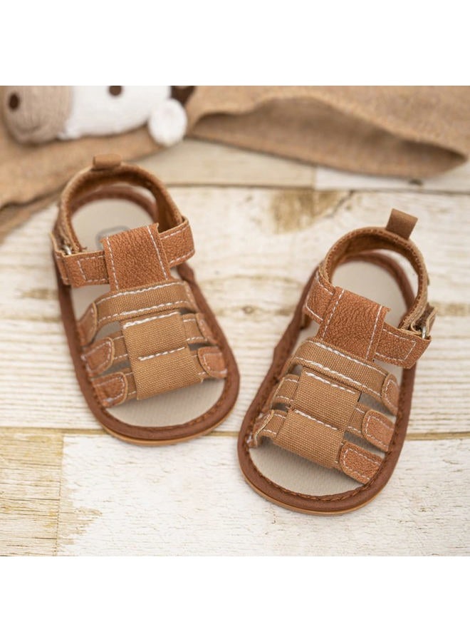 Meckior Baby Infant Boy Girl Sandals Newborn Non-Slip Soft Rubber Sole Sandals for Baby Boys Open-Toe Outdoor Casual Summer First Walkers Shoes, B01/Brown With Rubber Sole, 12-18 Months - Image 3