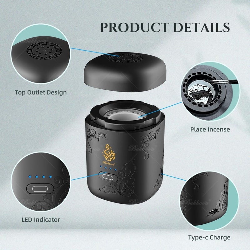 Bukhoon Mini Electric Incense Burner with Display Light Arabian Incense Burner USB Rechargeable Portable Incense Burner Gift Set B38 (Black) - Image 3