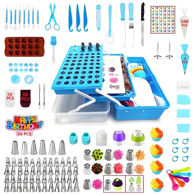387 PCS CAKE DECORATING KIT PIPING BAGS AND TIPS SETWITH 64 ICING TIPS102 PASTRY BAGS5 COUPLERSCAKE SPATULASMORE CUPCAKE COOKIE DECORATION TOOLSTOOLBOX BLUE