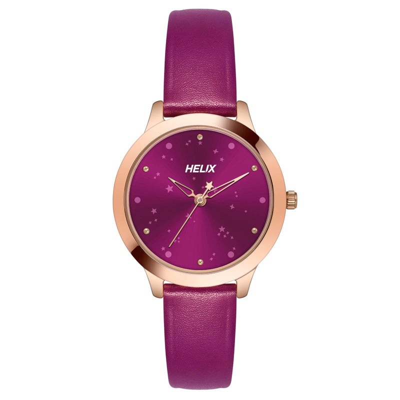 Helix By Timex Magenta Round Analog Watches for Women | Quartz Movement Leather Strap Ladies Watches | Upto 30 m Water Resistance with Buckle Closure | Gift for Women TW022HL32 - Image 4