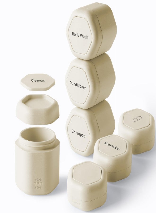 Cadence Travel Containers - Daily Routine Capsule Set - Magnetic Containers with Lids,4 Flex Mediums (1.32oz) & 3 Flex Smalls (0.56oz) - Shampoo, Conditioner, Body Wash, Pills, & More - Sand - Image 1