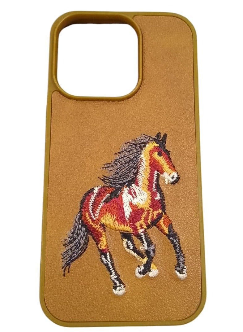 كيس جراب هاتف مضاد للصدمات بتصميم تطريز حصان لهاتف آيفون 14 برو باللون بني