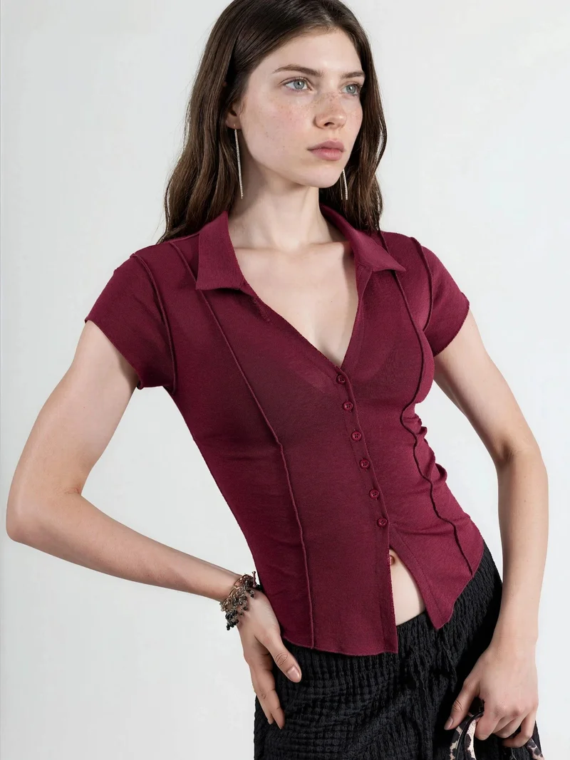 Busem BUSEM Textured Knitted Short Sleeve Shirt with Buttons