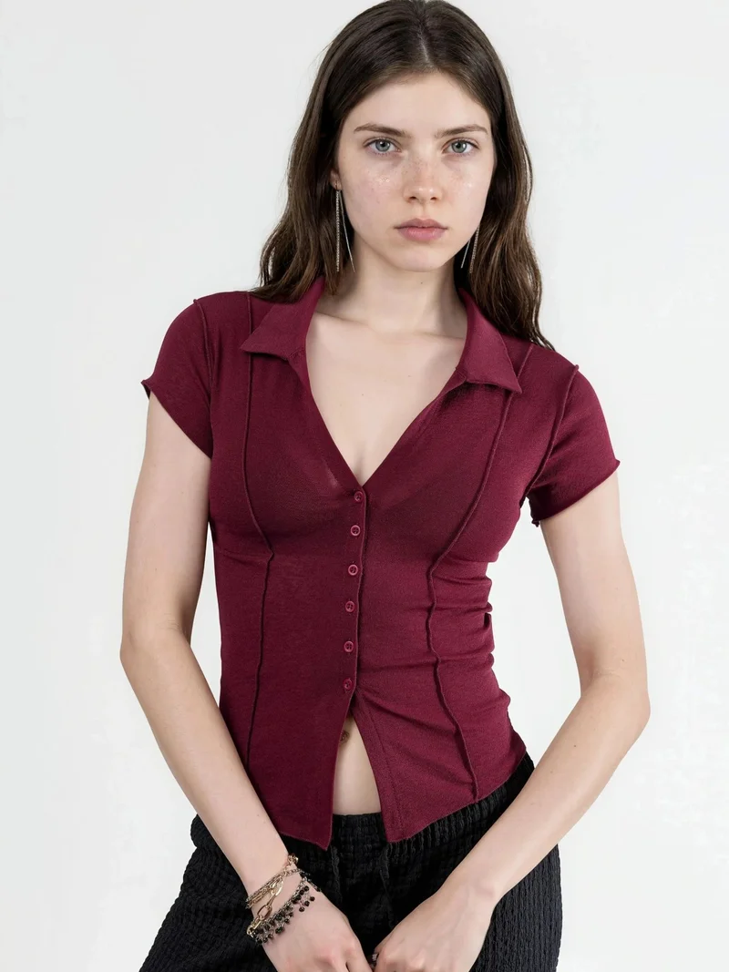 Busem BUSEM Textured Knitted Short Sleeve Shirt with Buttons