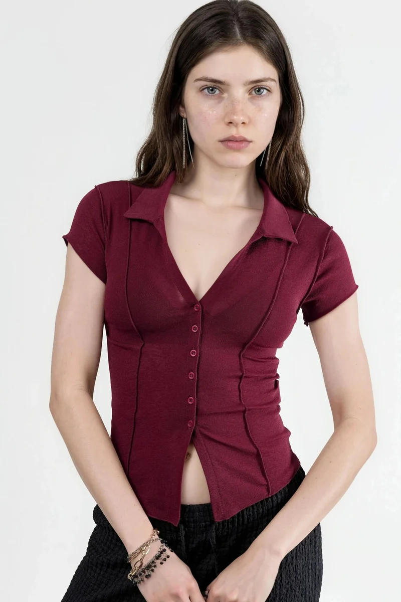بوسيم BUSEM Textured Knitted Short Sleeve Shirt with Buttons
