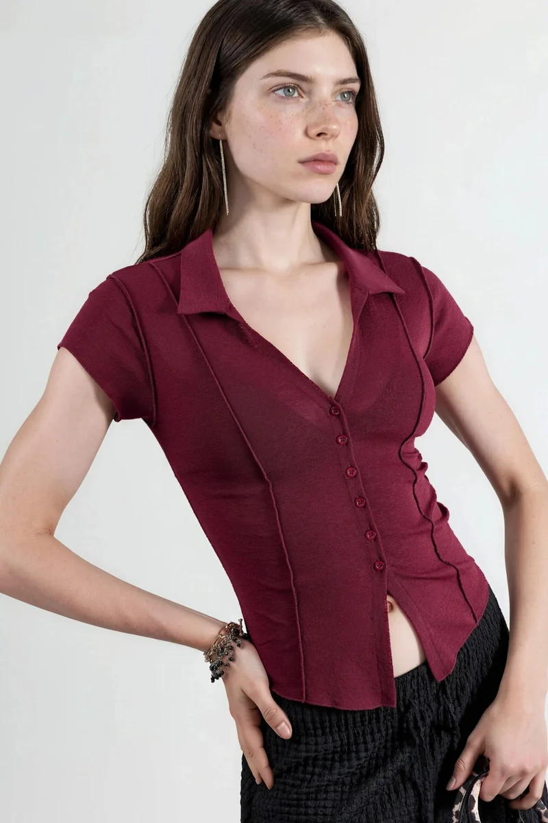 بوسيم BUSEM Textured Knitted Short Sleeve Shirt with Buttons