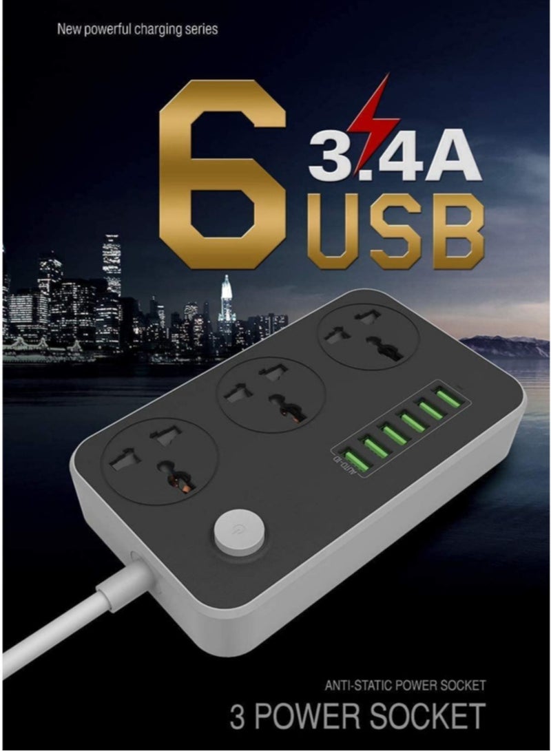 ELTRAZONE Universal Power Strips 3 Way Outlets 6 USB Plug Ports Surge Protection Power Socket Switch Portable Charger Fast Charging with 2M Wall Plug Adapter Extension Cord with Fuse and Shutter Extension Lead  - Image 4