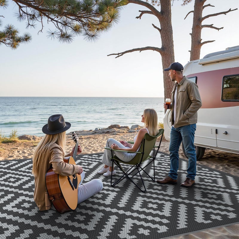 GENIMO Outdoor Rug for Patio Clearance,9'x12' Waterproof Large Mat,Reversible Plastic Camping Rugs,Rv,Porch,Deck,Camper,Balcony,Backyard,Black & Gray - Image 3