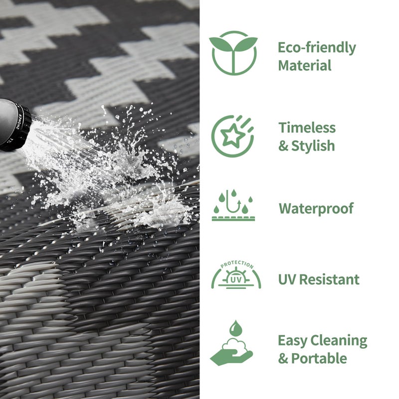 GENIMO Outdoor Rug for Patio Clearance,9'x12' Waterproof Large Mat,Reversible Plastic Camping Rugs,Rv,Porch,Deck,Camper,Balcony,Backyard,Black & Gray - Image 5