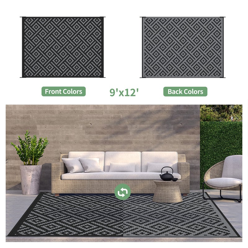 GENIMO Outdoor Rug for Patio Clearance,9'x12' Waterproof Large Mat,Reversible Plastic Camping Rugs,Rv,Porch,Deck,Camper,Balcony,Backyard,Black & Gray - Image 2