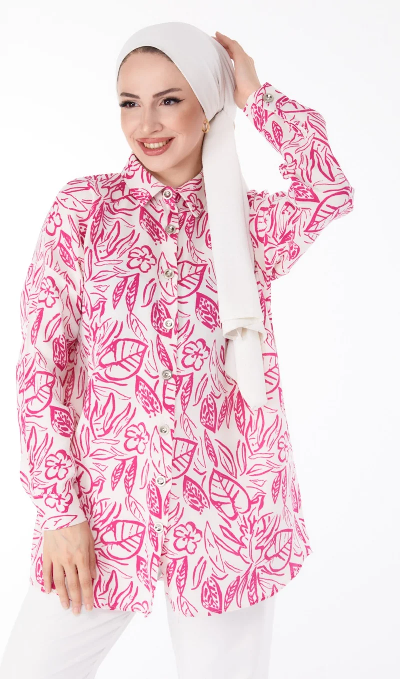 Tofisa Plain Shirt Collar Women's Fuchsia Patterned Tunic - 25614