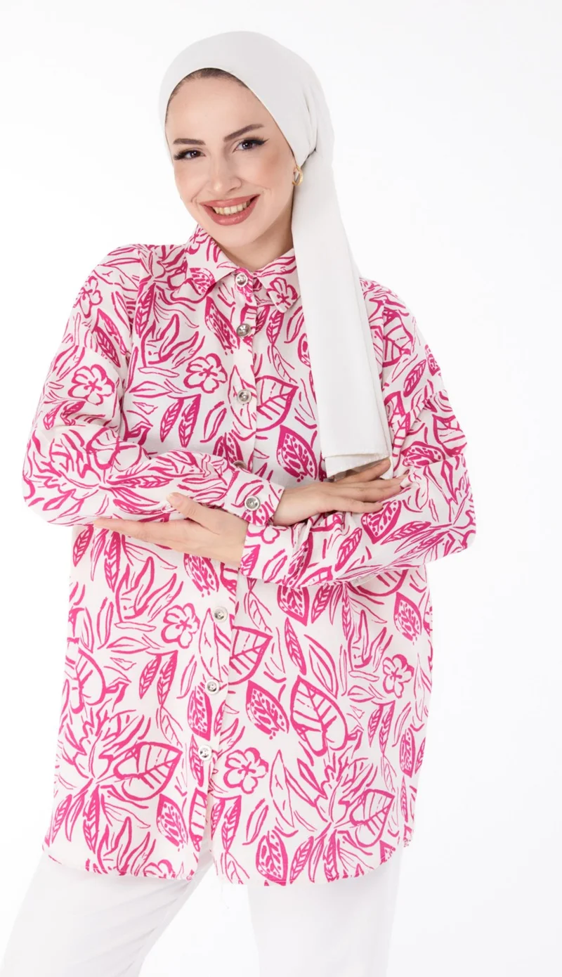 Tofisa Plain Shirt Collar Women's Fuchsia Patterned Tunic - 25614
