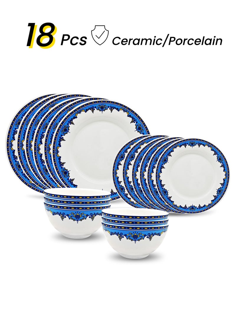 nihao طقم عشاء من 18 قطعة من البورسلين عالي الجودة - يتضمن 6 أطباق بحجم 10 بوصة، 6 أطباق بحجم 8 بوصة، 6 سلطانيات خضار بحجم 4.5 بوصة، أطقم أدوات مائدة خزفية، آمنة للاستخدام في الميكروويف والفريزر/ صديقة للبيئة وآمنة للطعام - Image 1