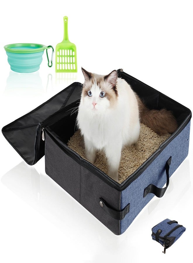 HiCaptain Portable Travel Litter Box for Cats, Leak Proof Collapsible Cat Litter Box with Lid, Easy to Carry Pet Cat Supplies for Car Travel Hotel Camping Includes Scoop Collapsible Bowl (Blue, Grey) - Image 1